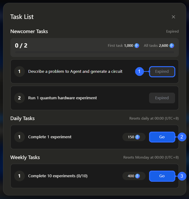 Task list and completion buttons